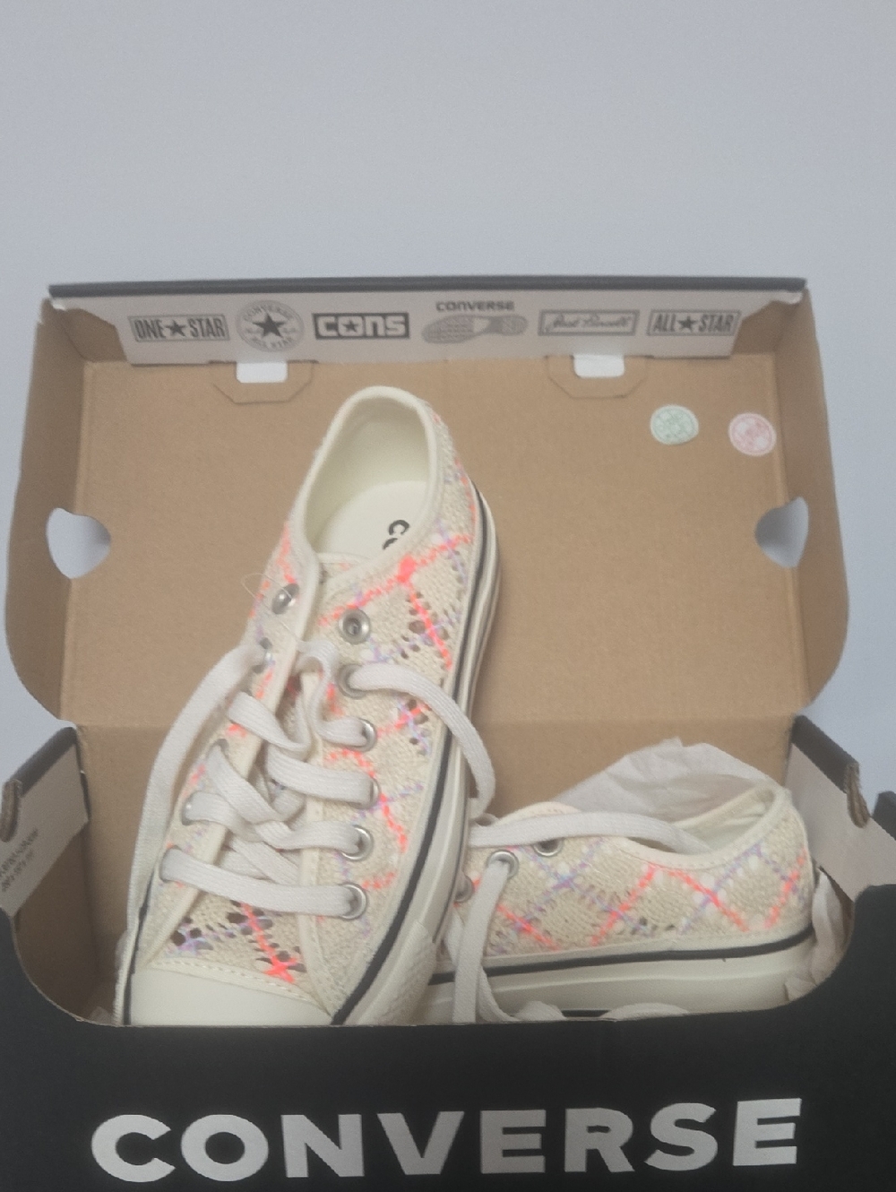 Converse Low Top Sneakers in Cream with Pink and Beige Plaid